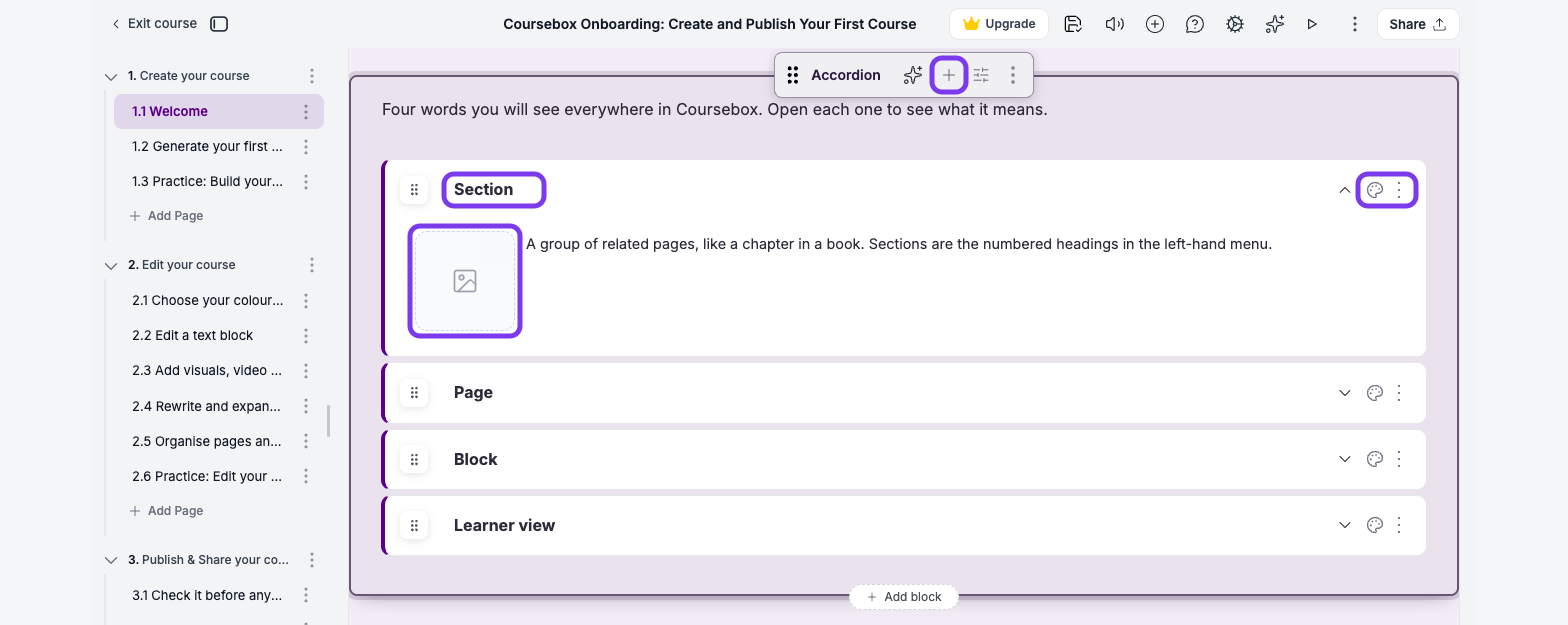 Accordion block selected, with Add item in the block toolbar, a section title, its image box and the section menu outlined