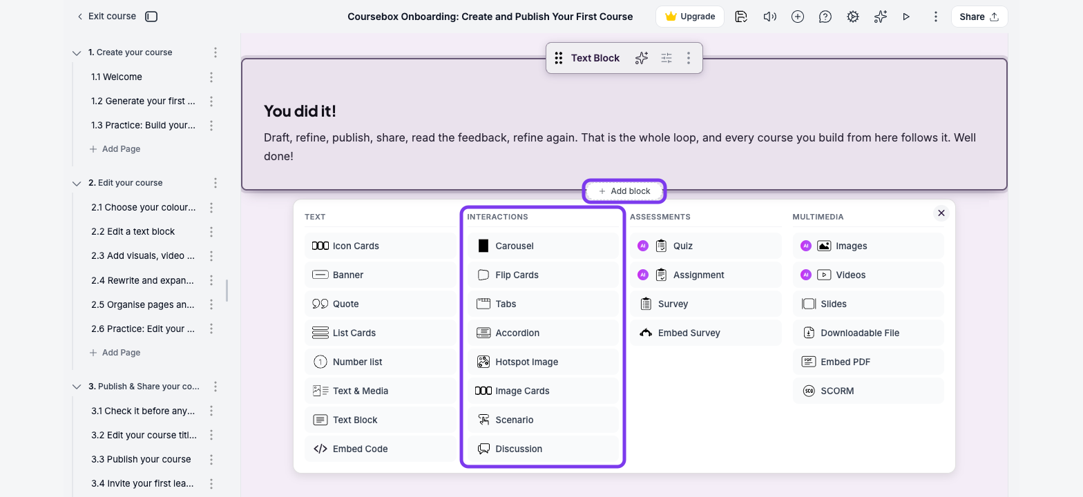 Add block panel opened from the page, with the Text, Interactions, Assessments and Multimedia columns and the Add block button and Interactions column outlined