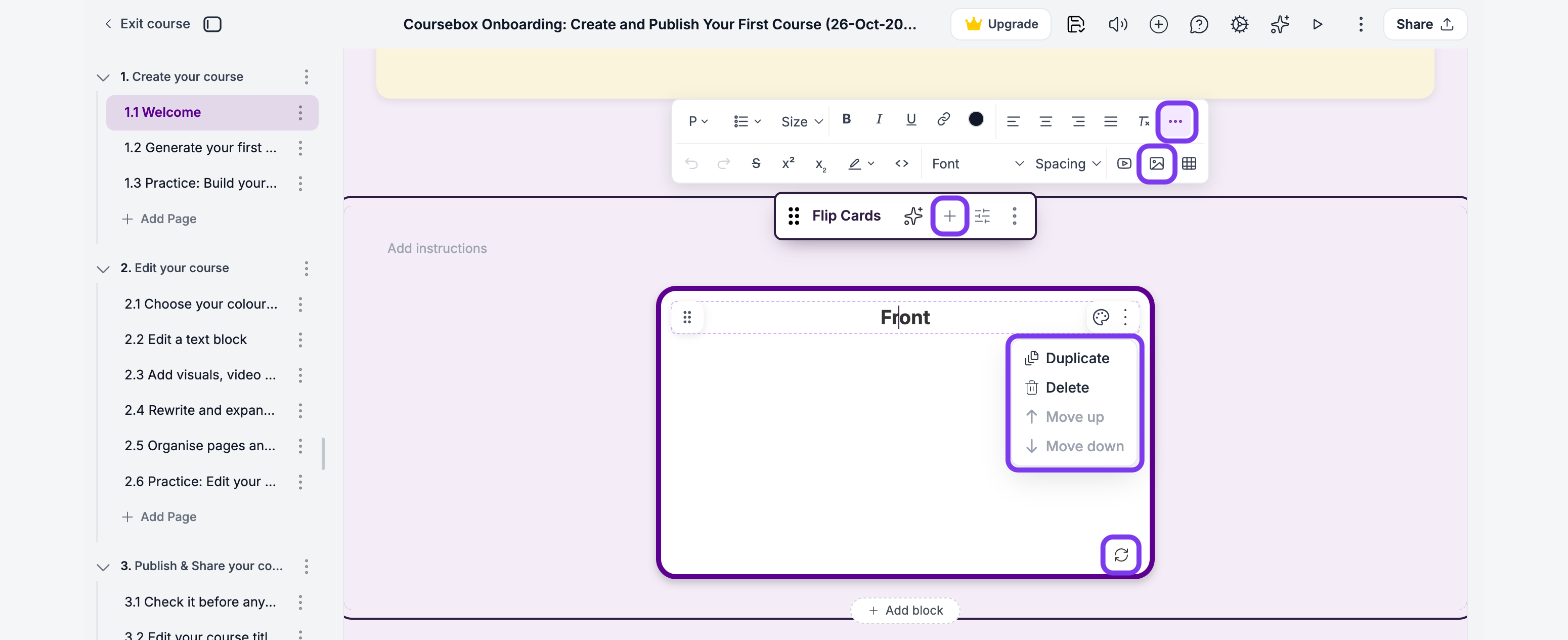 Flip card being edited, with More formatting and the image icon in the text toolbar, Add item, the card menu and the flip icon outlined