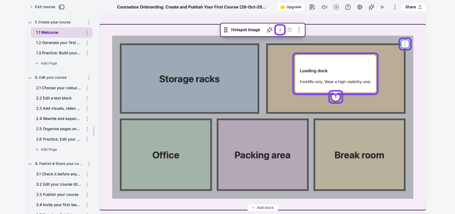 Hotspot Image block on a floor plan with Add item, a hotspot card with its title and content, the numbered hotspot and the image menu outlined