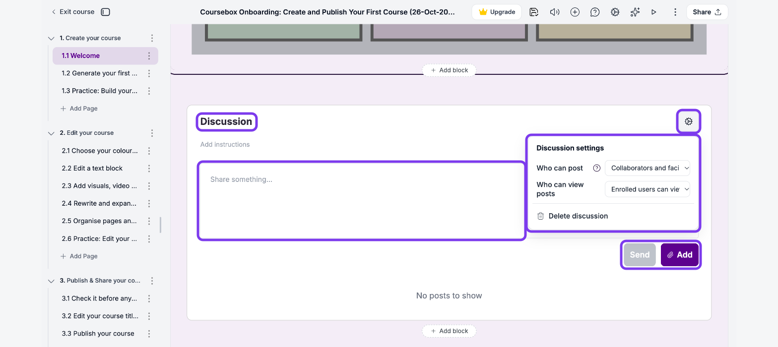 Discussion block with the title, the gear icon, Discussion settings with Who can post and Who can view posts, the post box and Send and Add outlined