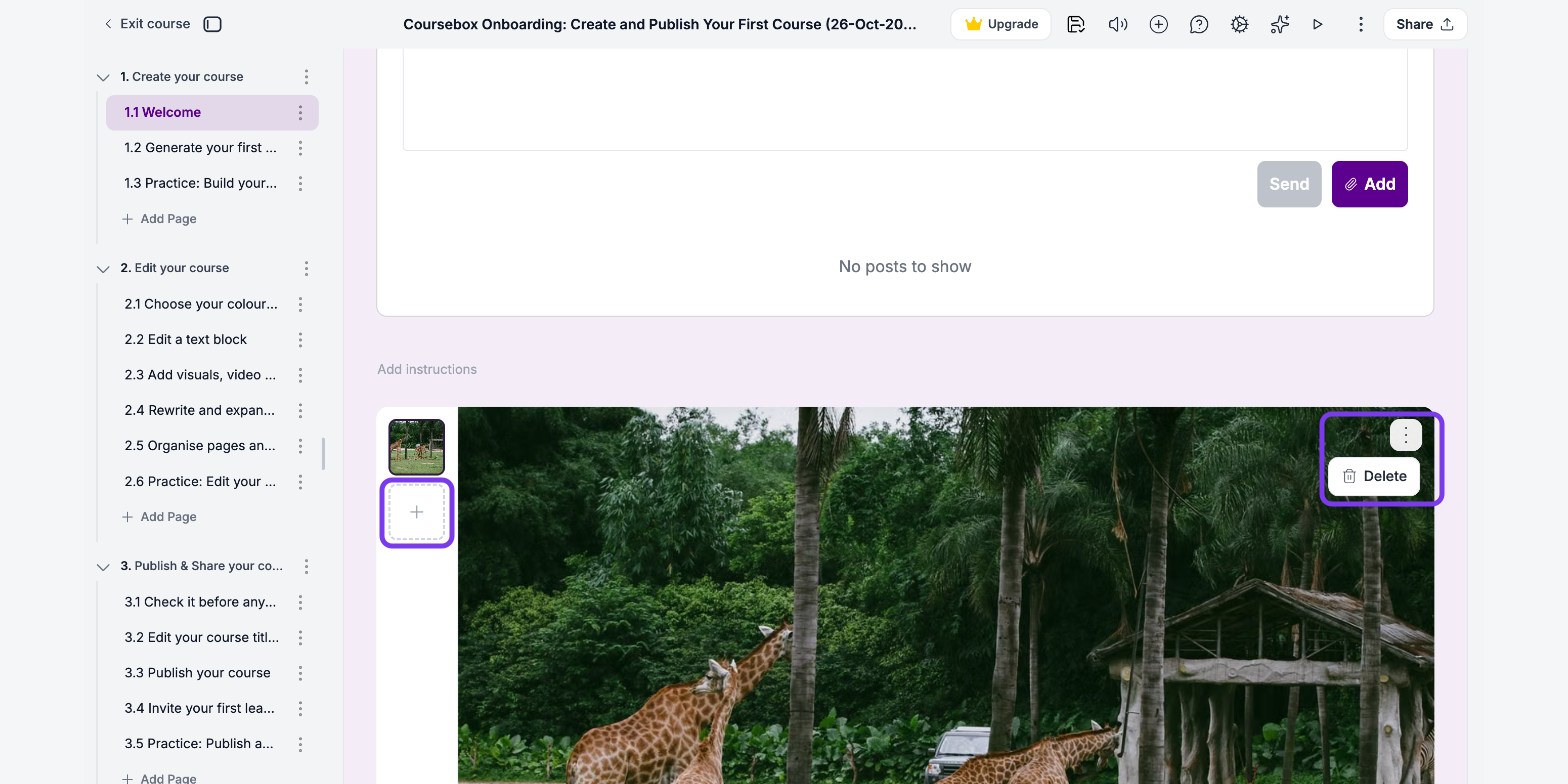 Image block with the plus tile under the thumbnail and the image menu with Delete outlined