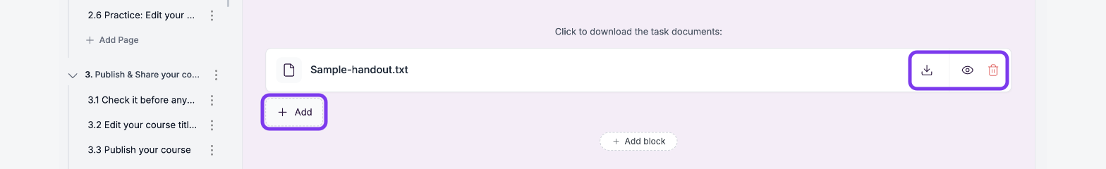 Downloadable File block listing a file, with the download, preview and delete icons and the + Add button outlined