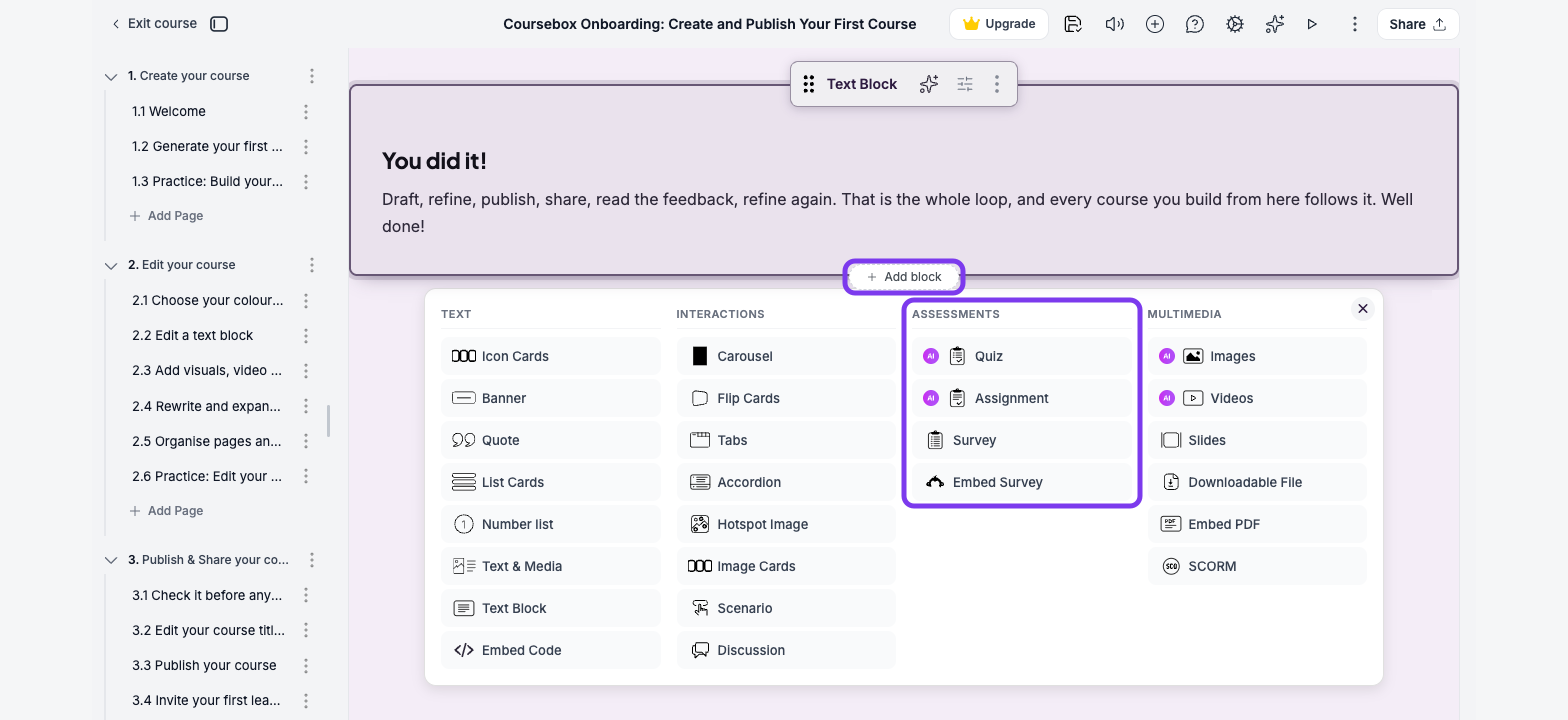 Add block panel opened from the page, with the Add block button and the Assessments column outlined