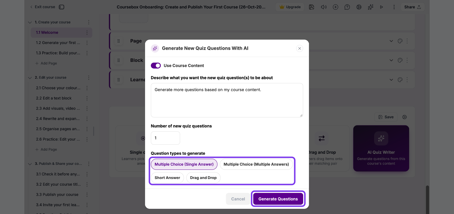 Generate New Quiz Questions With AI window with the question types and Generate Questions outlined