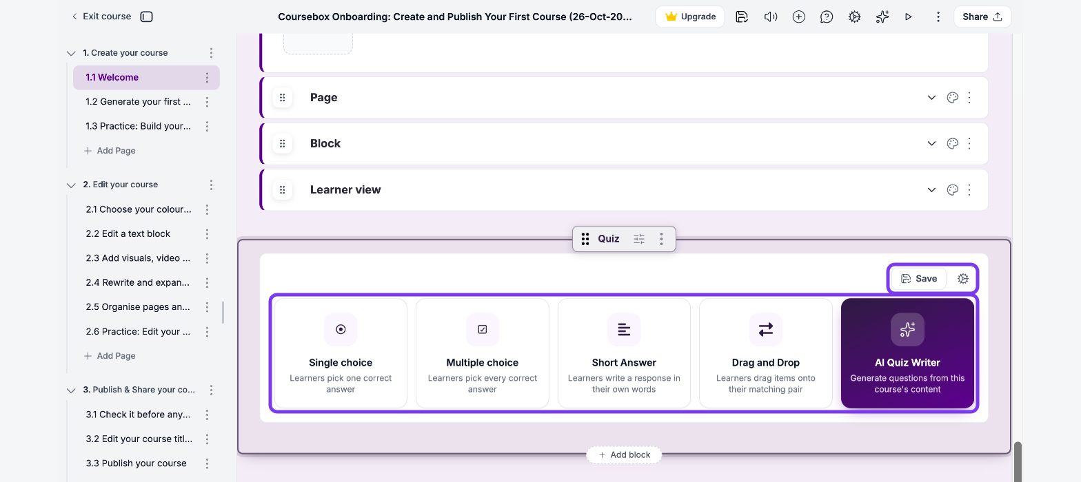 New quiz with the Single choice, Multiple choice, Short Answer, Drag and Drop and AI Quiz Writer cards and the Save button and gear icon outlined