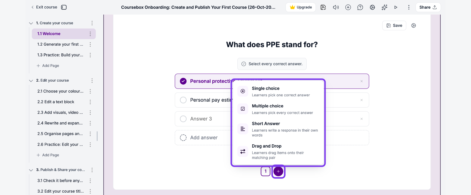 Add question menu open under the question tabs, with Single choice, Multiple choice, Short Answer and Drag and Drop outlined