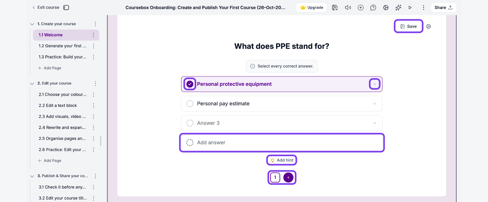 Quiz question with a correct answer marked, the remove answer button, Add answer, Add hint, the question tabs and Save outlined
