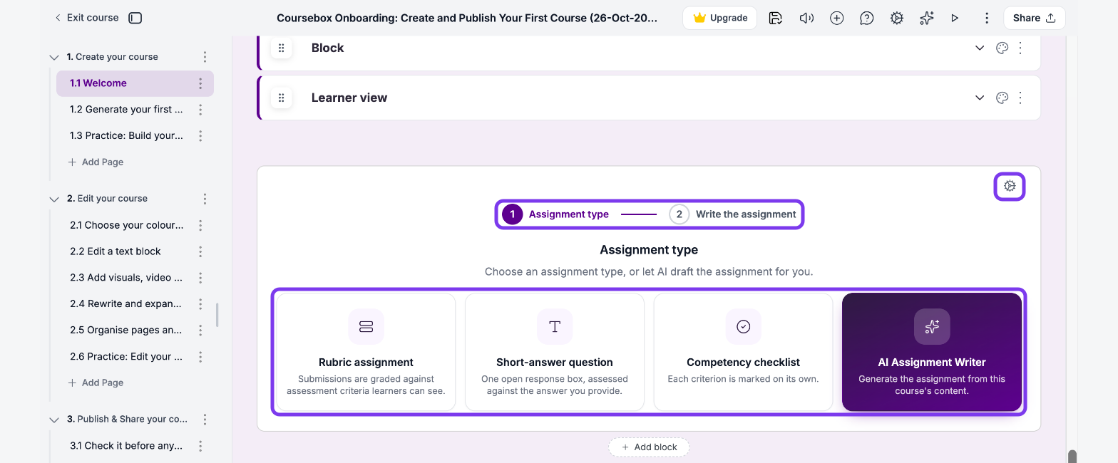 New Assignment block on step 1 Assignment type, with the Rubric assignment, Short-answer question, Competency checklist and AI Assignment Writer cards and the gear icon outlined