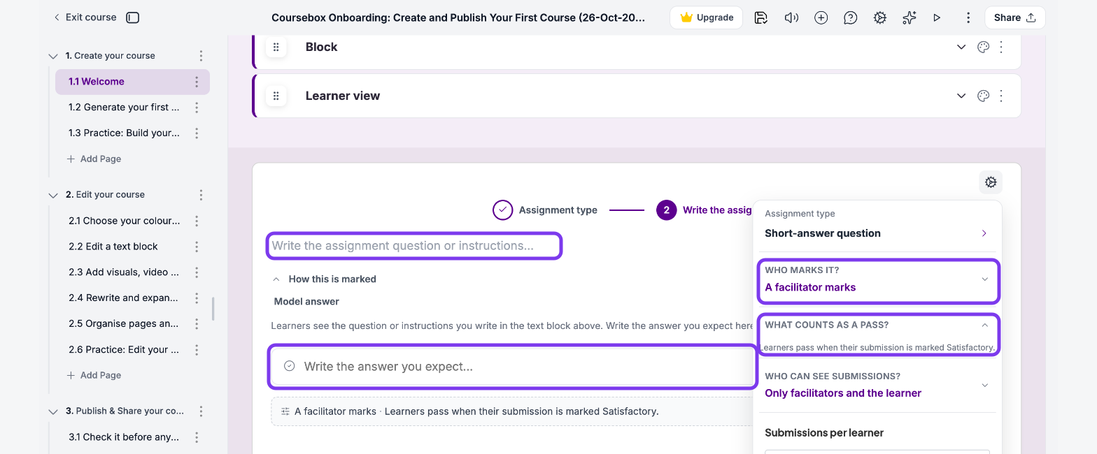 Short-answer assignment on step 2 with the question field, Model answer and the Marking panel set to A facilitator marks outlined