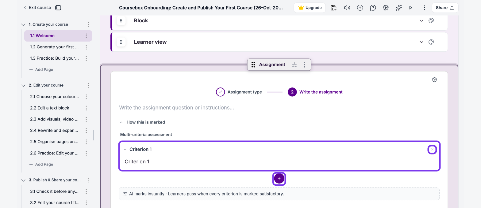 Competency checklist with a criterion, its remove button and the + button outlined