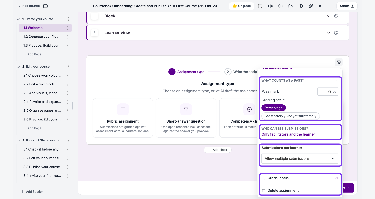 Marking panel with What counts as a pass? (Pass mark and Grading scale), Who can see submissions?, Submissions per learner, Grade labels and Delete assignment outlined