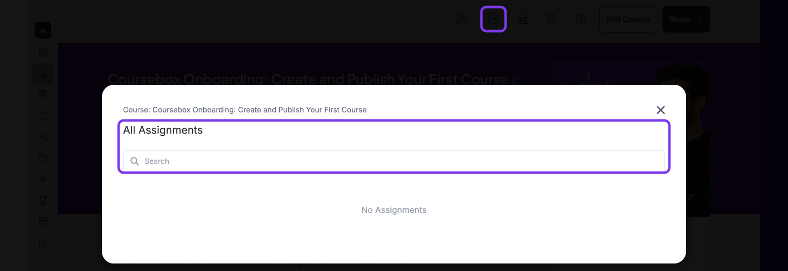 Course page with the Submissions to Review tick icon and the All Assignments window with its search outlined