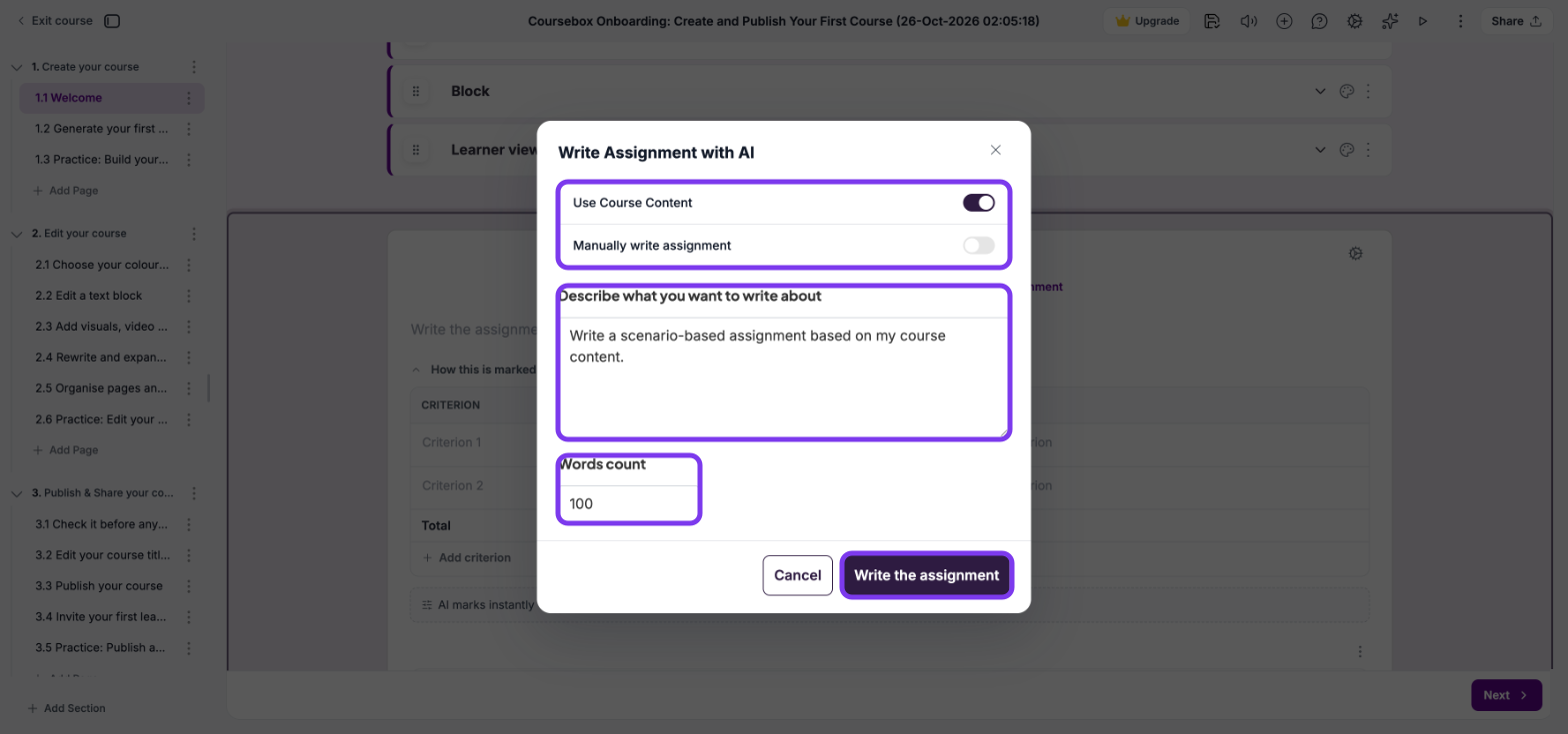 Write Assignment with AI window with Use Course Content, Manually write assignment, the description, Words count and Write the assignment outlined