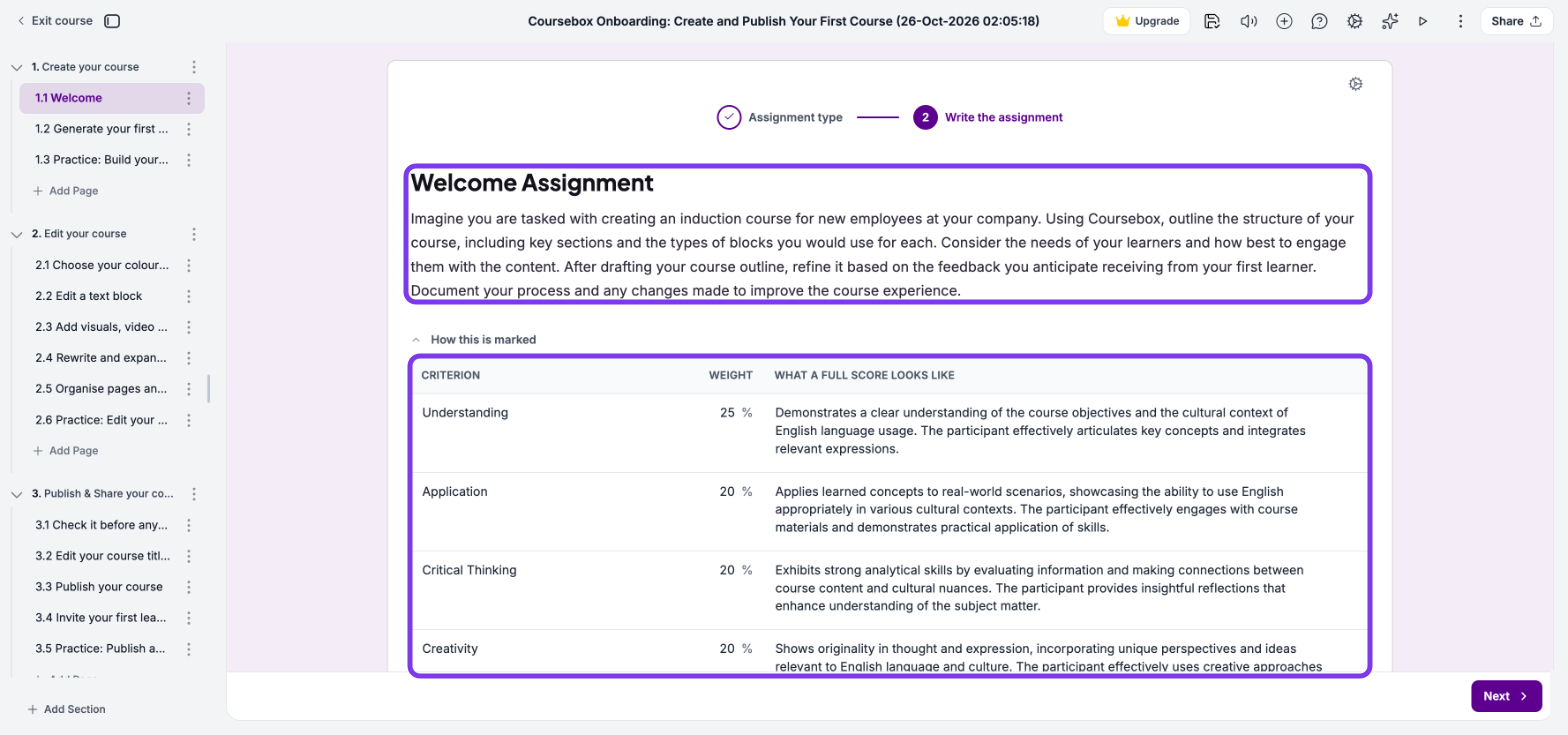 Assignment written by AI, with the title and instructions and the generated rubric of criteria, weights and full-score descriptions outlined