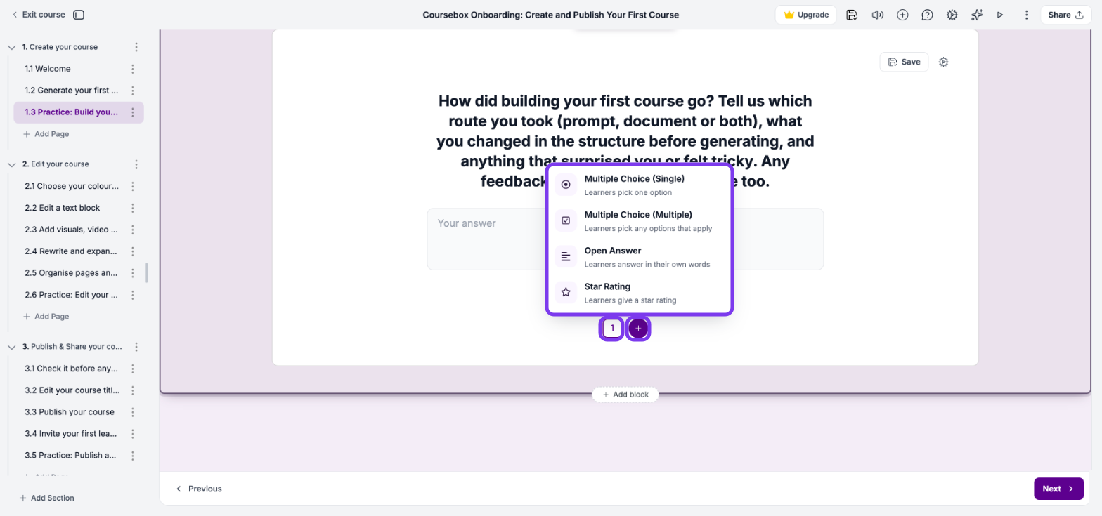 Survey with the Add question menu open, showing Multiple Choice (Single), Multiple Choice (Multiple), Open Answer and Star Rating, and the question tab and + button outlined