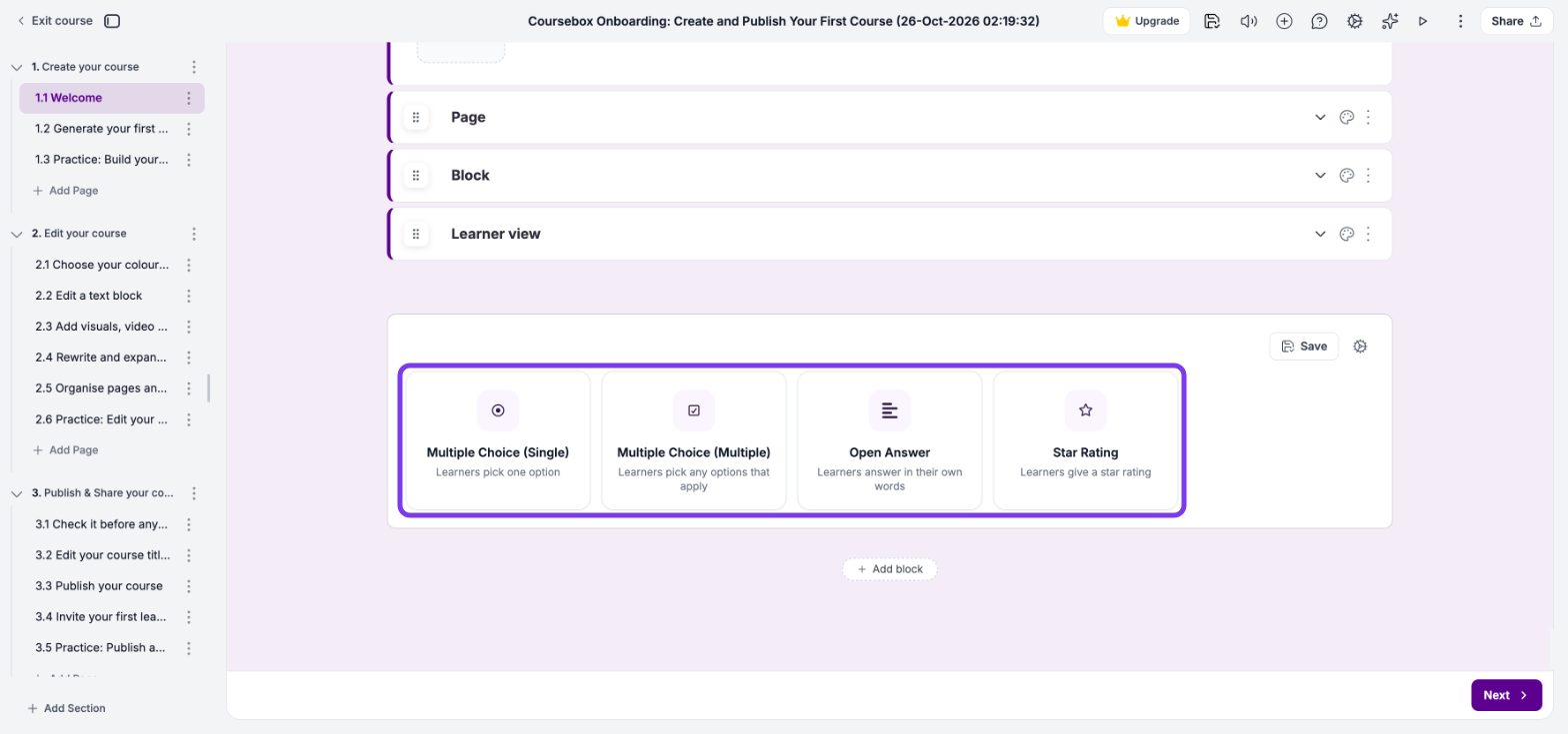 New Survey block with the Multiple Choice (Single), Multiple Choice (Multiple), Open Answer and Star Rating cards outlined