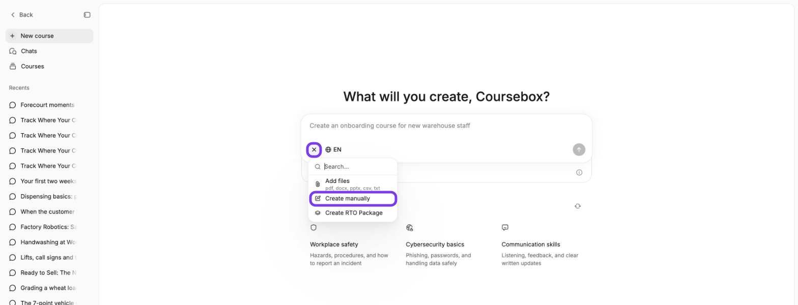 What will you create? page with the + button in the prompt box and Create manually outlined