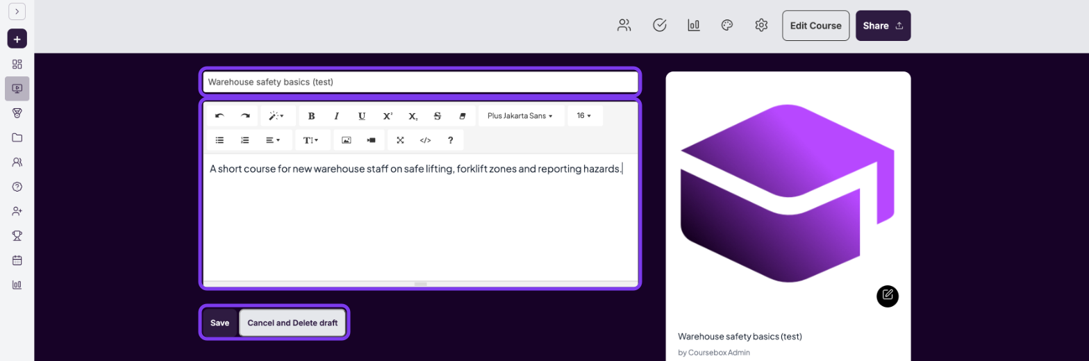 New course About page with the title field, the description box and Save and Cancel and Delete draft outlined