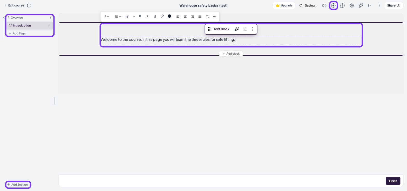 Course editor for a new course with the 1. Overview section and 1.1 Introduction page, Add Section, Add block in the top toolbar and a first Text Block outlined