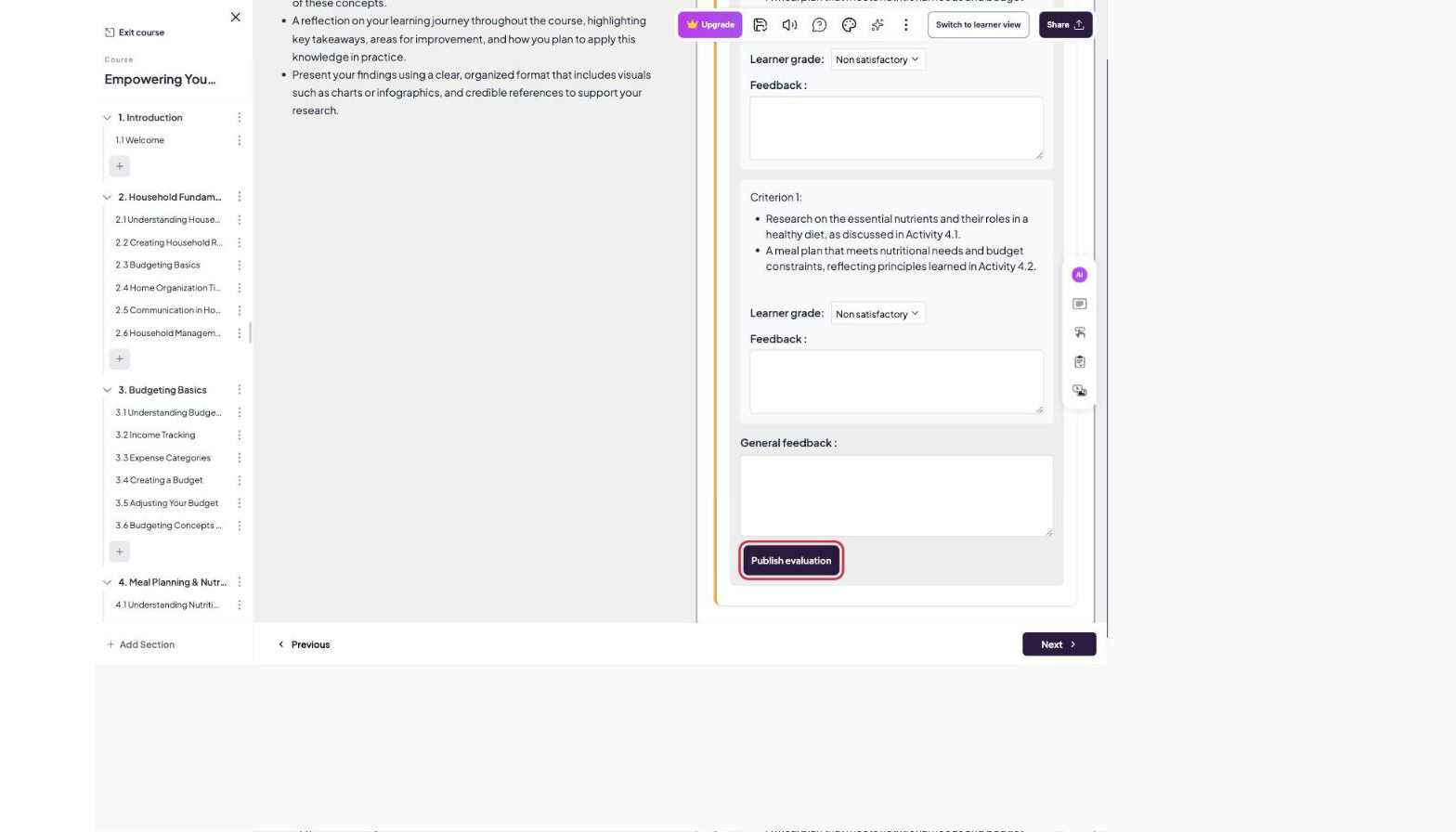 Submission evaluation with learner grade, feedback and general feedback fields and the Publish evaluation button highlighted