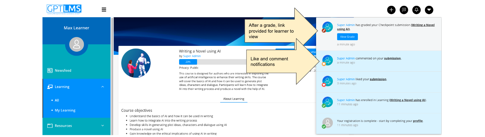 Learner notifications about grades, comments and likes on a submission