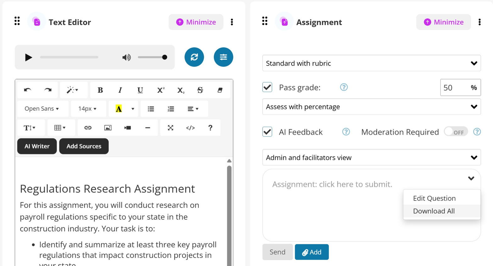 Assignment panel three-dot menu open with the Download All option