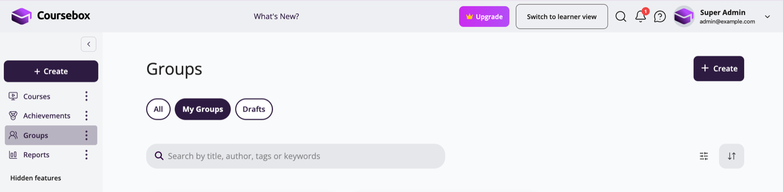 Groups page with the + Create button in the top right