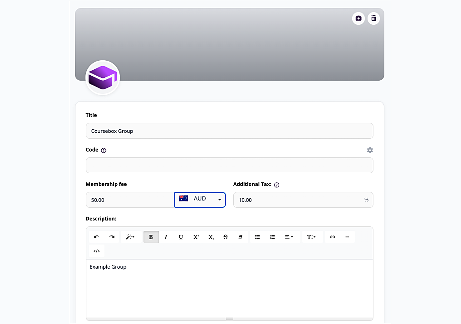 Group settings form with cover image, title, code, membership fee, tax and description fields