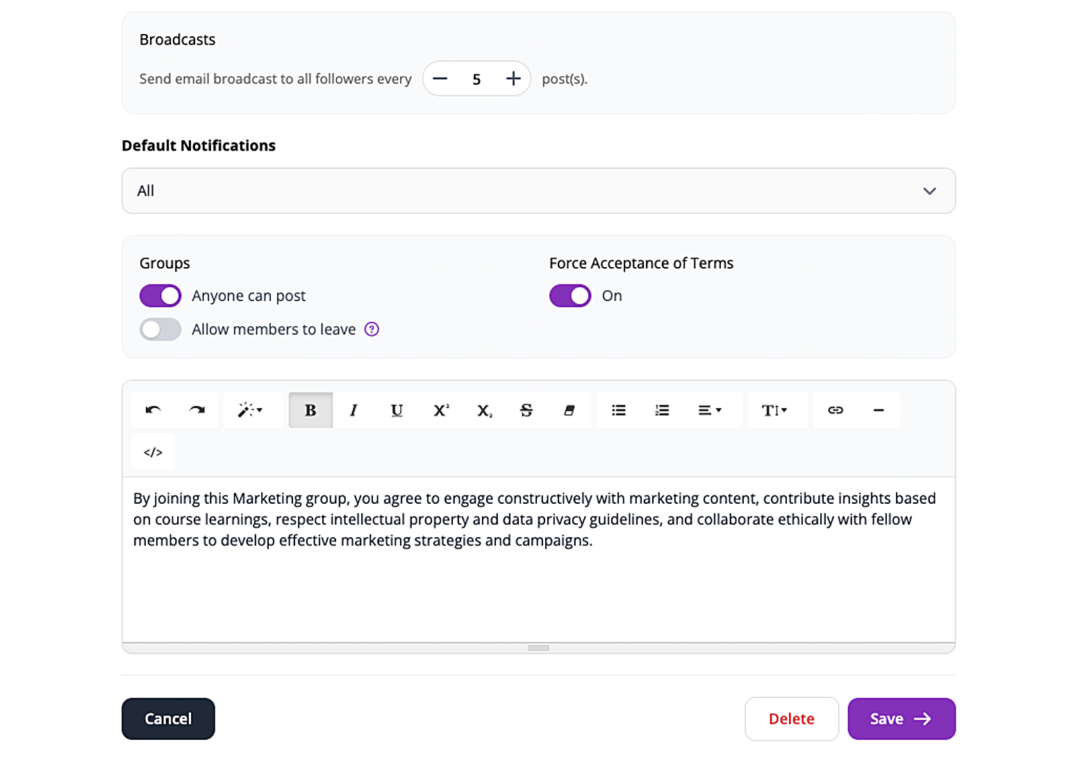 Group settings form showing Broadcasts, Default Notifications, the Groups toggles and Force Acceptance of Terms