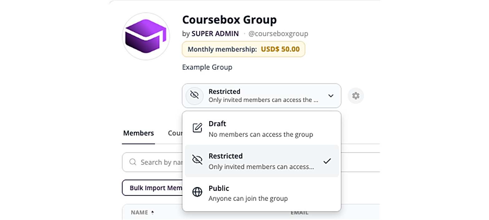 Group access dropdown with Draft, Restricted and Public options