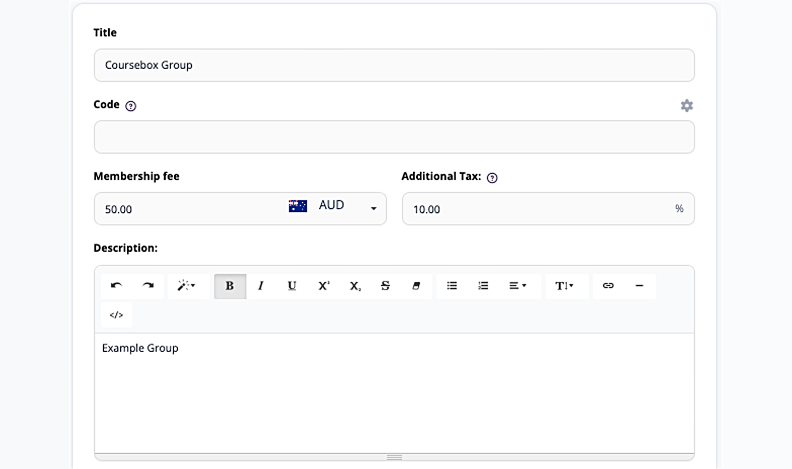 Membership fee, currency and Additional Tax fields on the Group settings form