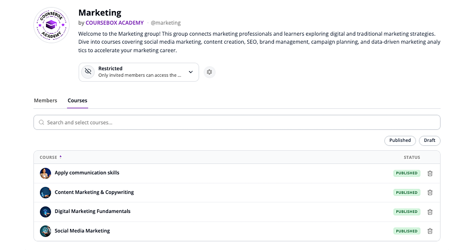 Courses tab of a Group listing attached courses with Published and Draft filters
