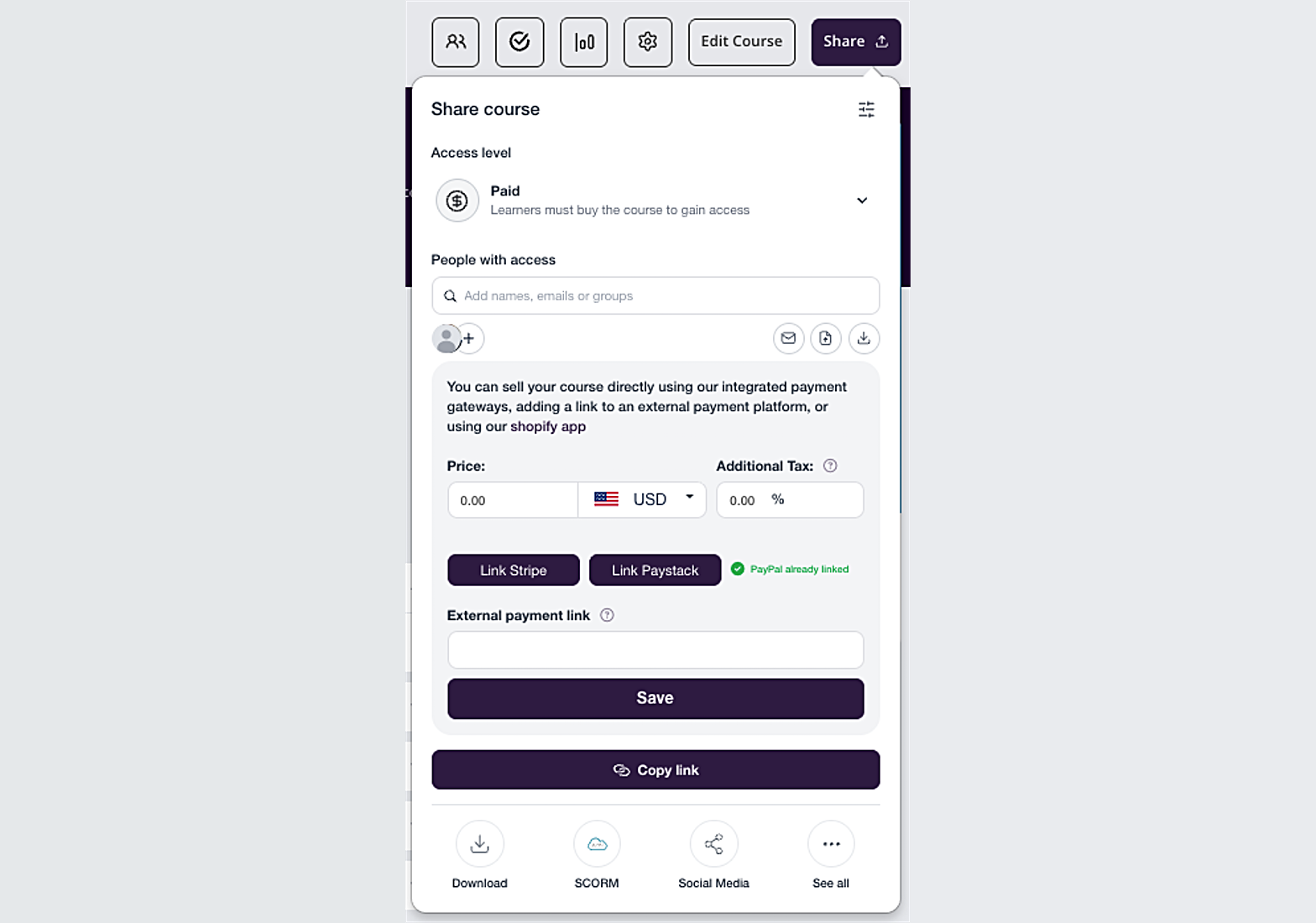Course pricing panel with price, currency and payment method options
