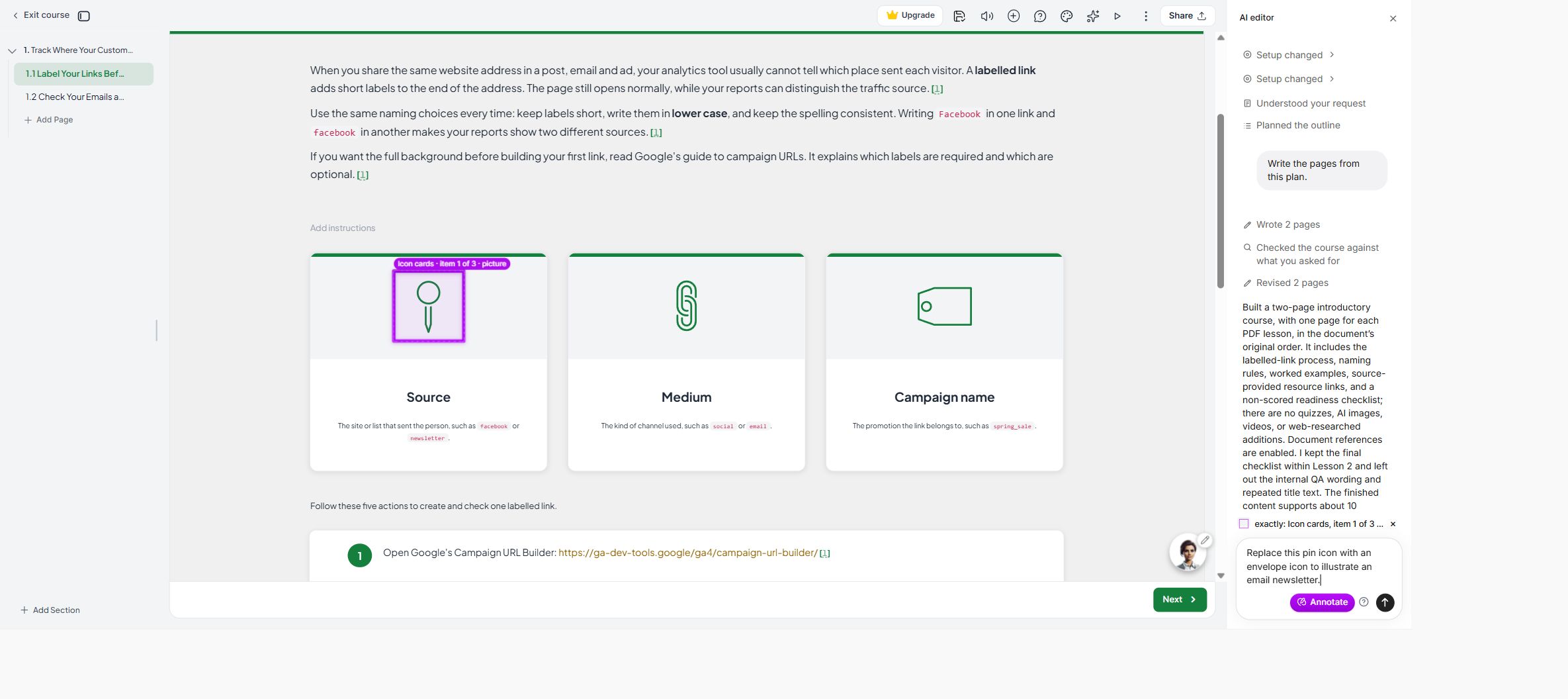 Annotate selecting the pin graphic in an icon card, with the picture attached to an AI request to replace it with an envelope