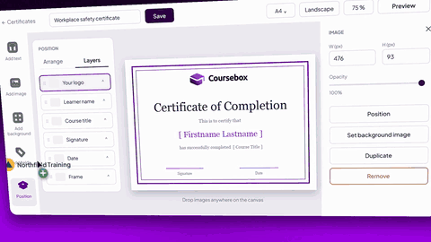 Certificate designer demonstrating layers and positioning