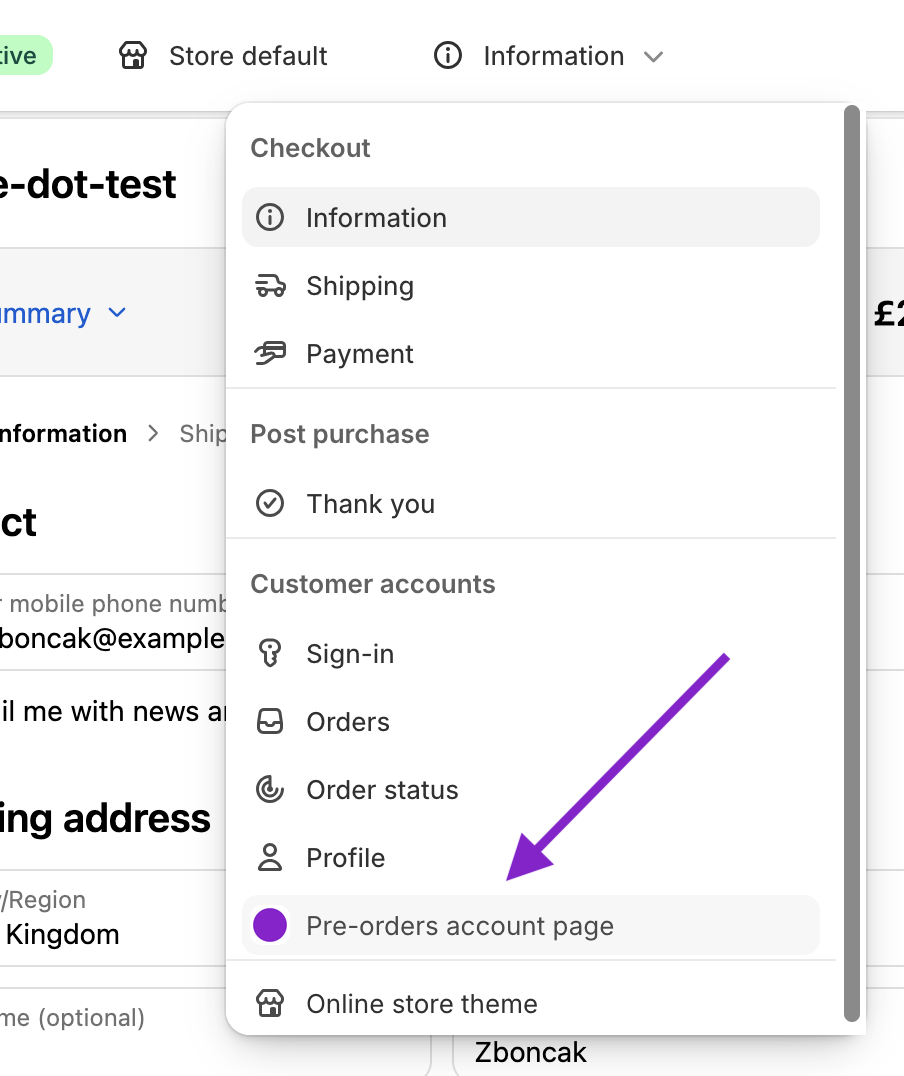 Screenshot of the checkout settings pages menu with the pre-orders account page shown at the bottom