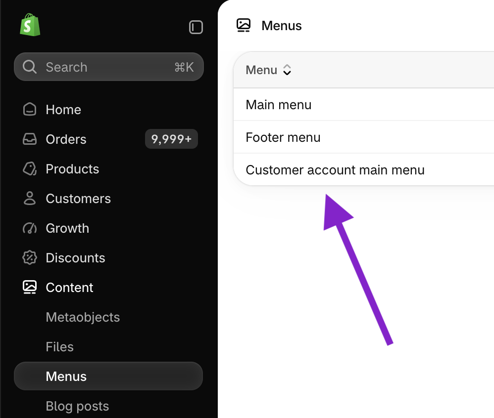 Screenshot showing where to access the "customer account main menu"