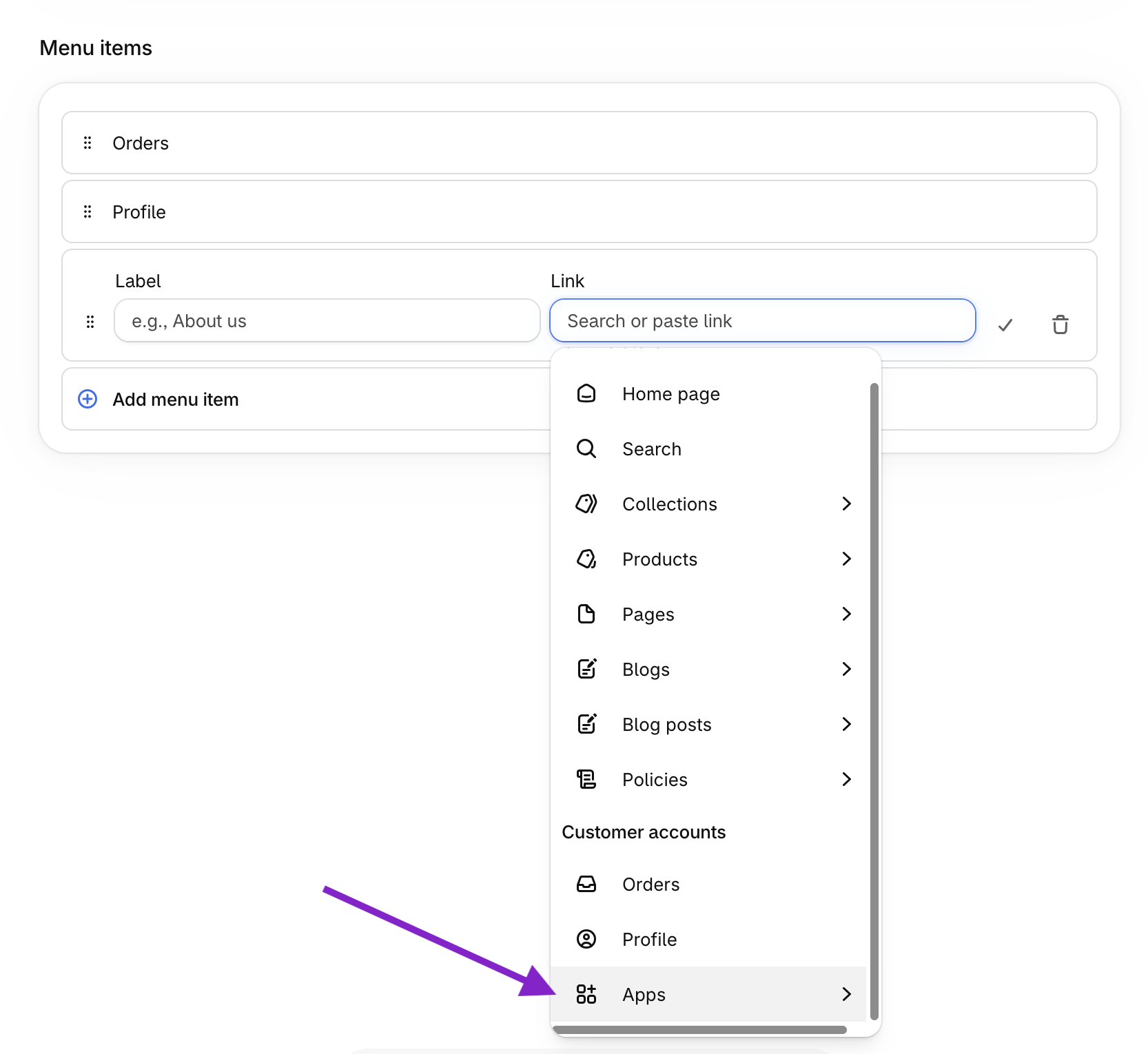 Screenshot showing how to find third party pages when adding a link to a menu
