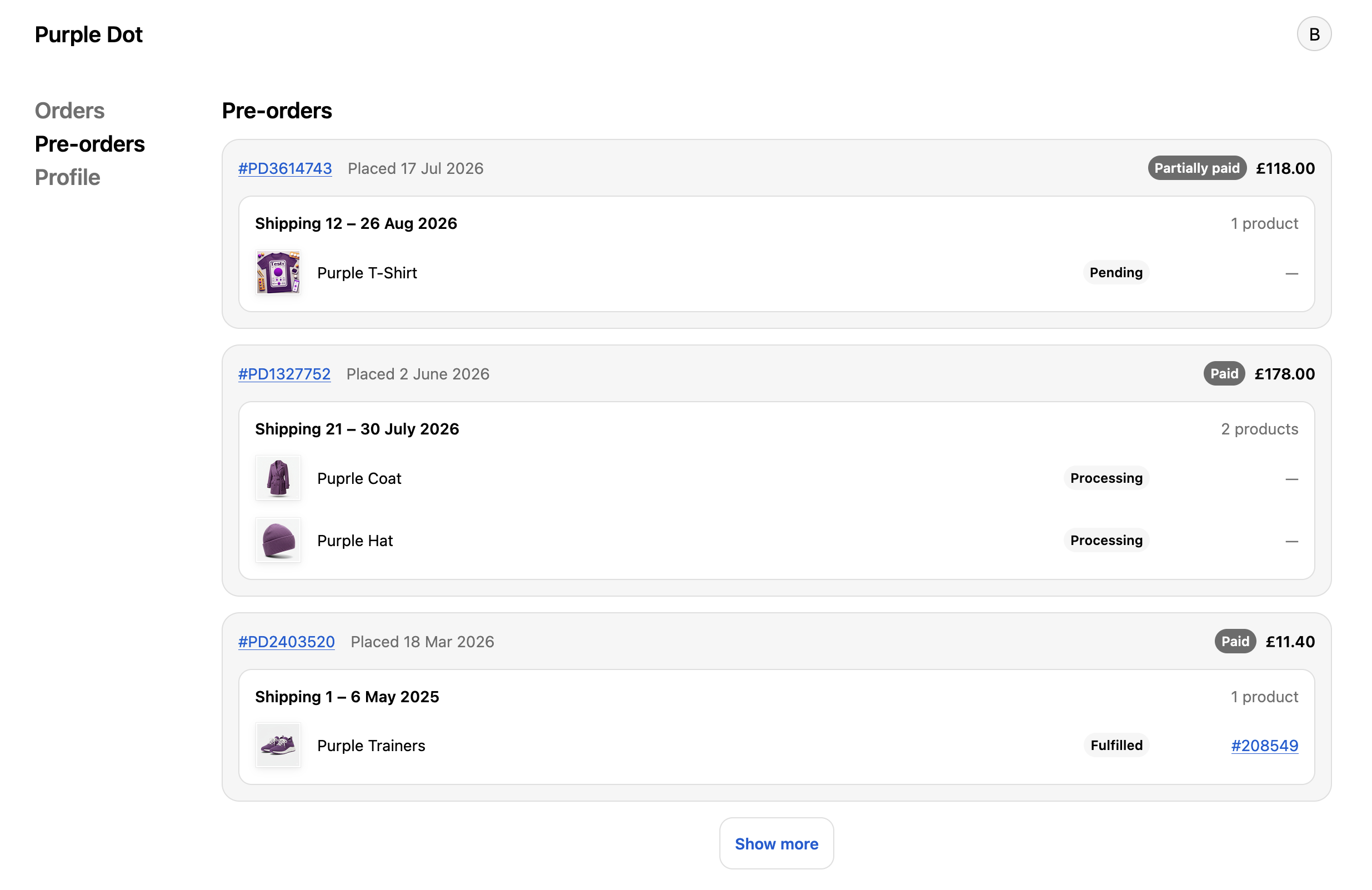 Screenshot of the pre-orders page in Shopify customer accounts showing 3 pre-orders