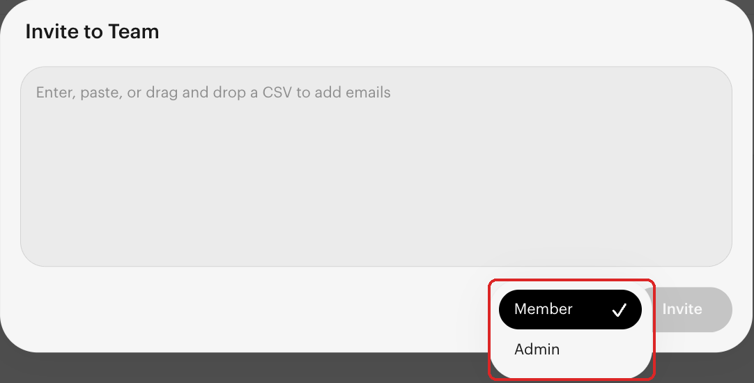 Invite to Team dialog with the Member and Admin roles