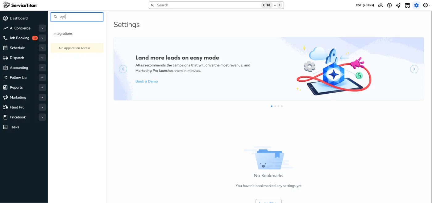 ServiceTitan settings with api typed into the search box and API Application Access listed under Integrations