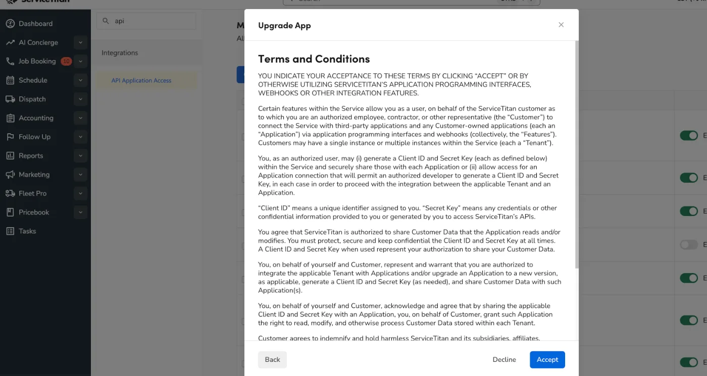 The ServiceTitan Terms and Conditions screen with Back, Decline and Accept buttons