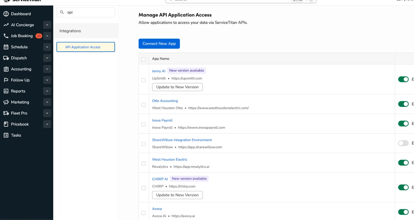 The Manage API Application Access list with Jenny AI showing a New version available pill and an Update to New Version button