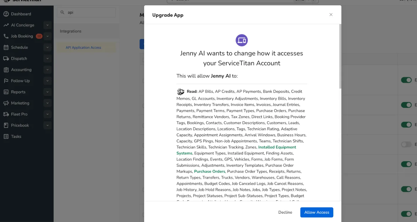The Upgrade App popup showing the Jenny AI permission list