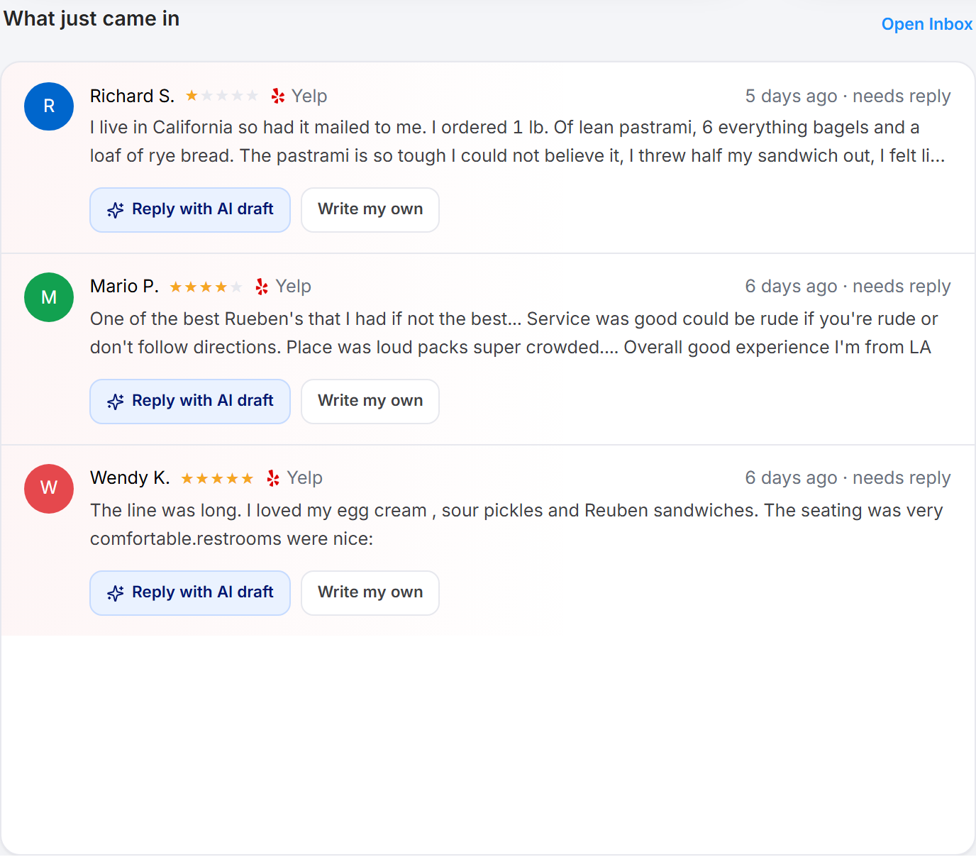 The 'What just came in' feed, with the newest reviews and reply options on each