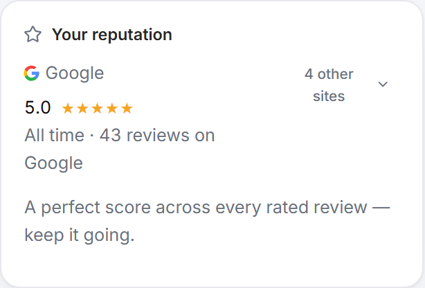 The 'Your reputation' card, showing the Google star rating, all-time review count, and a link to other connected sites
