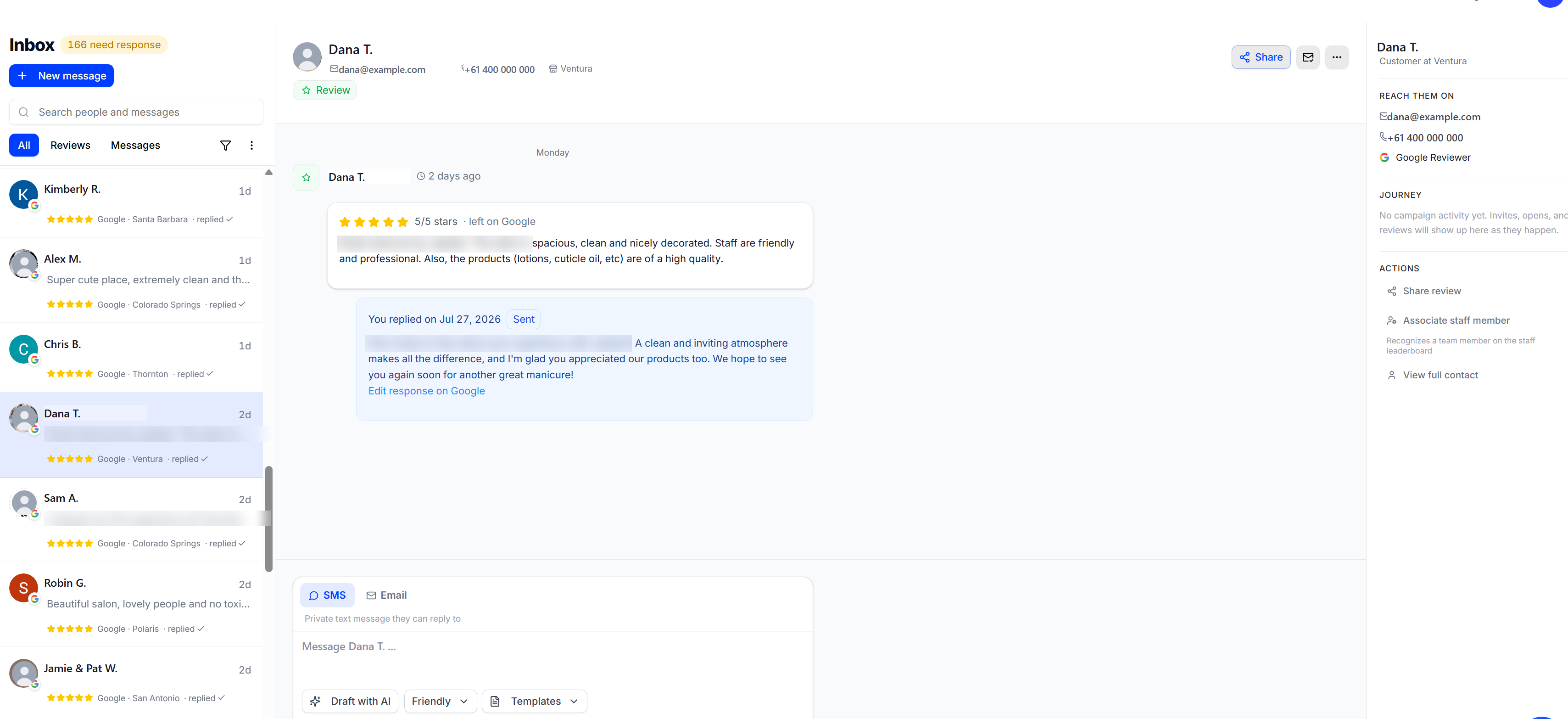 The Cloutly Inbox, with the conversation list, an open review thread, the reply box, and the contact panel