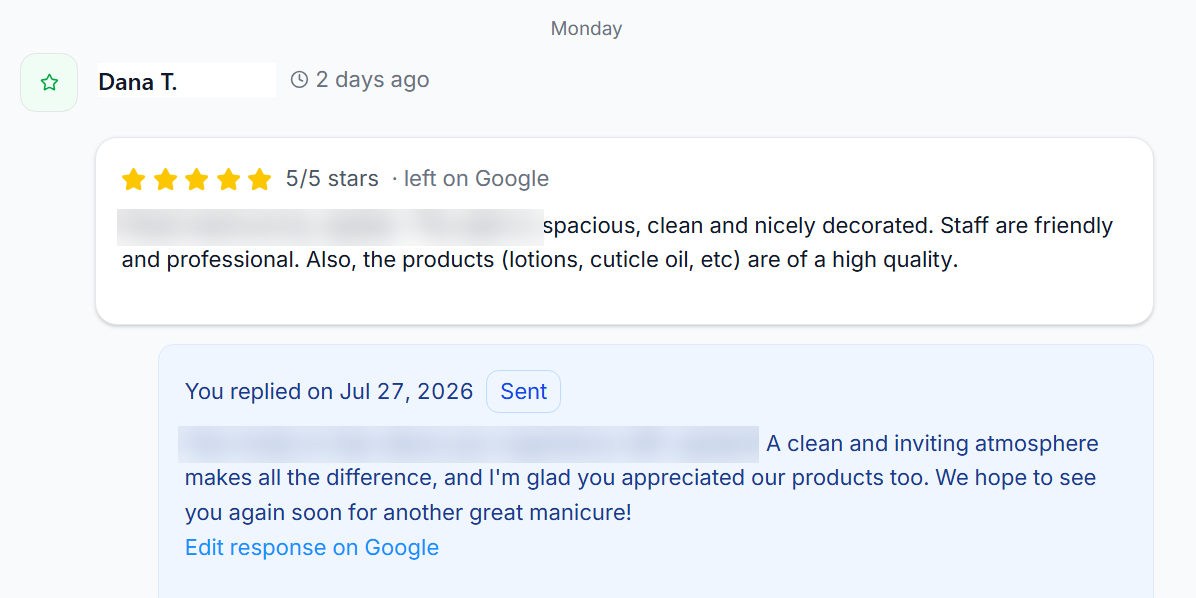 An open review thread, showing the original review and the reply that was sent