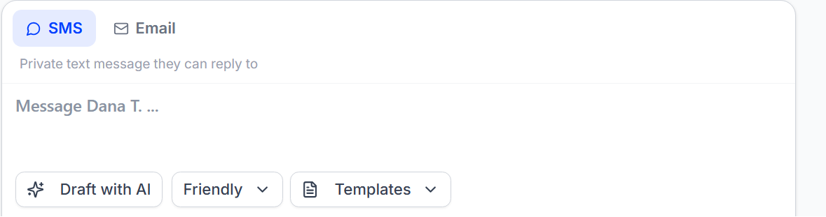 The reply box, with SMS and Email tabs, Draft with AI, a tone selector and Templates